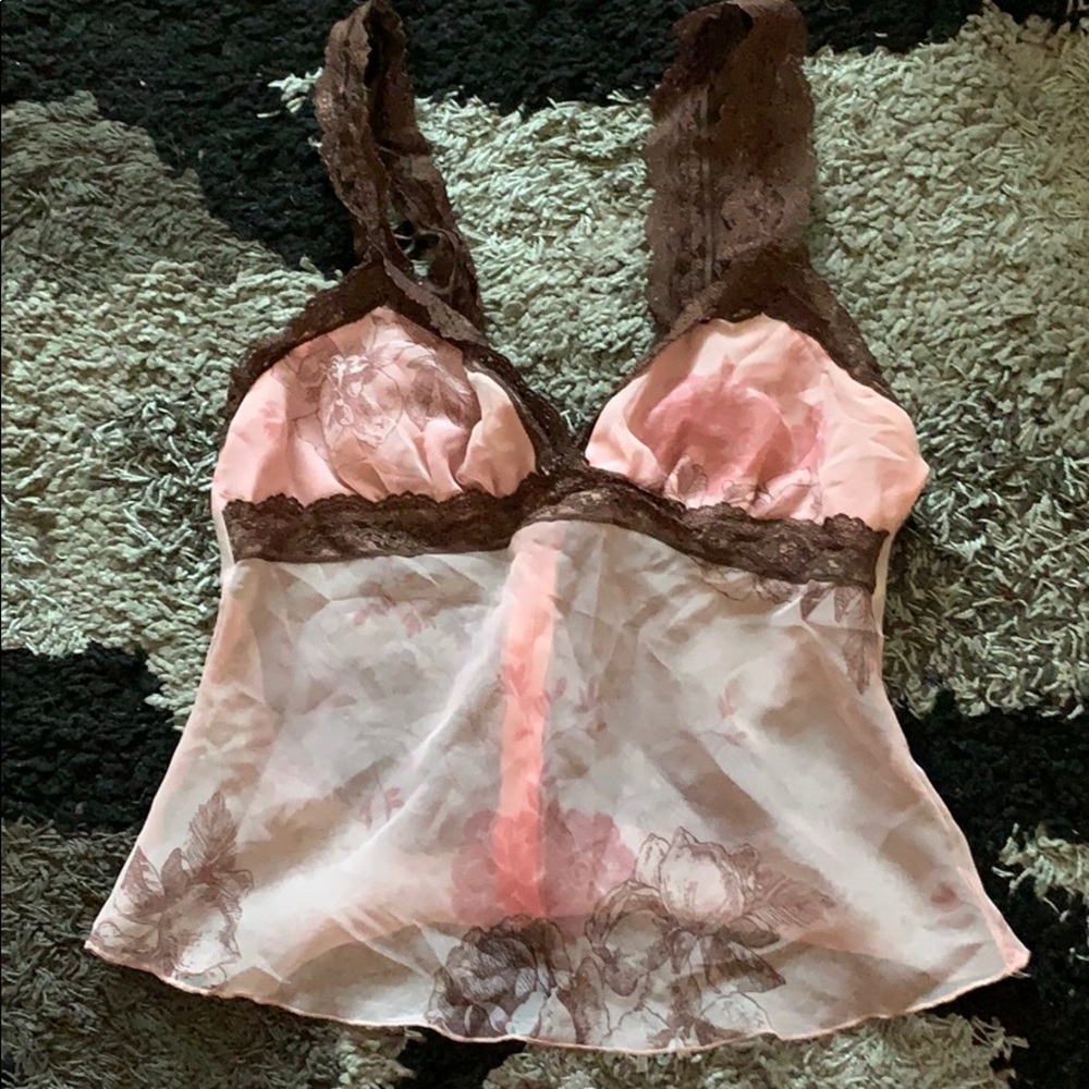 pink and brown floral lace see through cami